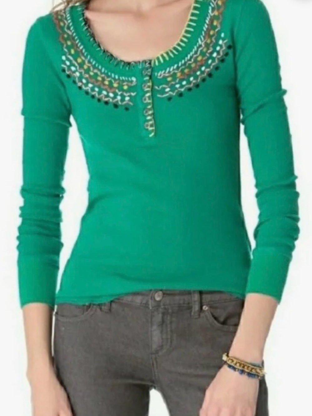 Free People Emerald Green Embroidered Scoop-Neck Long Sleeve Tee